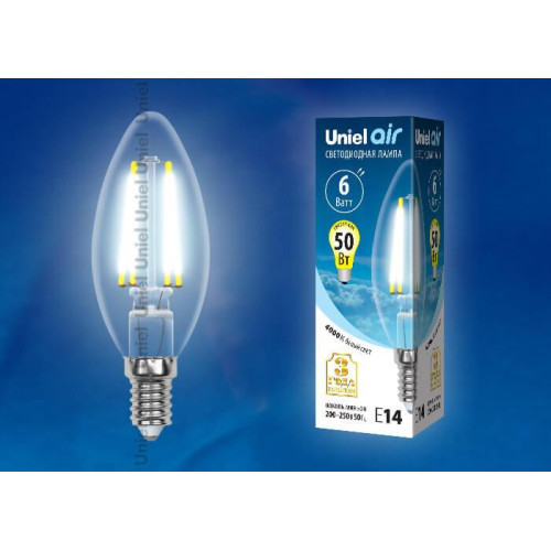 Лампа светодиодная филаментная (UL-00002196) Uniel E14 6W 3000K прозрачная LED-C35-6W/WW/E14/CL GLA01TR
