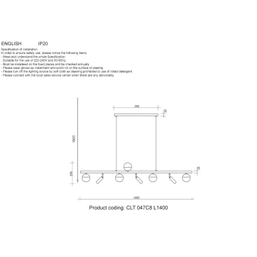 Подвесная люстра Crystal Lux CLT 047C8 L1400 BL-GO