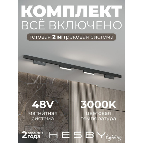 Трековая система со светильниками №4 трехфазная накладная Eldeko (48В, форма - прямая, 2м, 3000K) черная Hesby Lighting HSBL_kompl_E004_NI2B3K