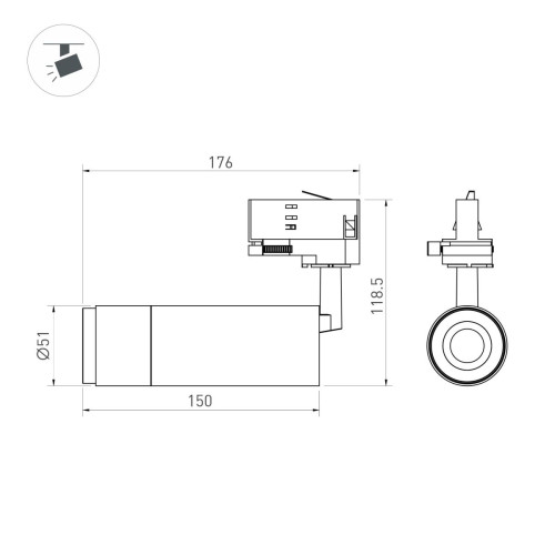 Трековый трехфазный светильник Arlight LGD-GESTIA-TRACK-4TR-R51-10W Warm3000 (BK-NI, 25-50 deg, 230V) (IP20 Металл) 059385