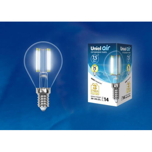 Лампа светодиодная филаментная (UL-00003254) Uniel E14 7,5W 4000K прозрачная LED-G45-7,5W/NW/E14/CL GLA01TR