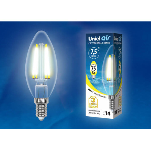 Лампа светодиодная филаментная (UL-00003250) Uniel E14 7,5W 3000K прозрачная LED-G45-7,5W/WW/E14/CL GLA01TR