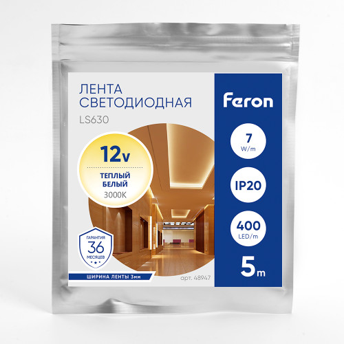 Светодиодная лента Feron LS630 12В 7Вт/м 3000К 5м IP20 48947