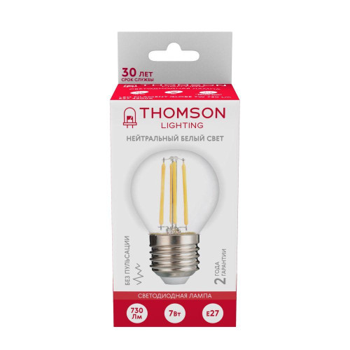 Лампа светодиодная филаментная Thomson E27 7W 4500K шар прозрачный TH-B2092