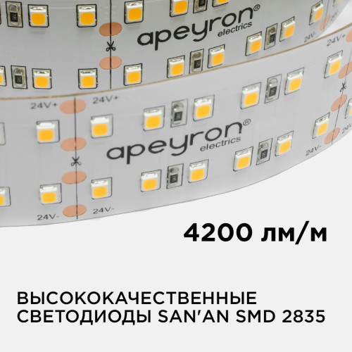 Светодиодная лента Apeyron 24В ПРО 42Вт/м smd2835 240д/м IP20 4200Лм/м 5м 4000К 00-316