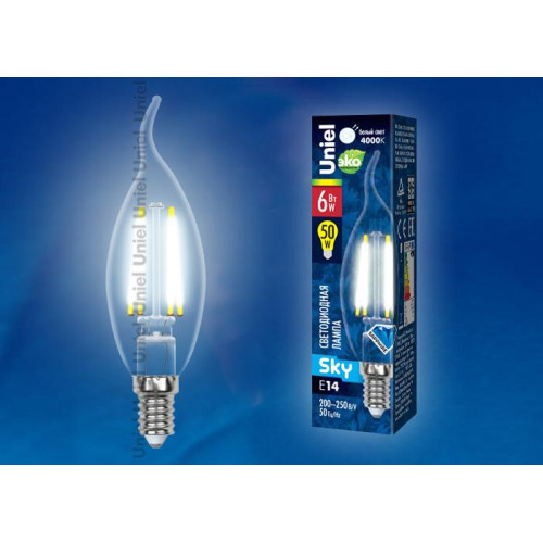 Лампа светодиодная филаментная (UL-00001373) Uniel E14 6W 4000K прозрачная LED-C35-6W/NW/E14/CL PLS02WH