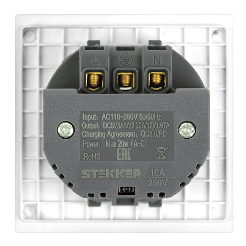 Розетка 1-местная 16А + USB + Type C (механизм) Stekker 250В 20W Мия RST16-3119-01 50438