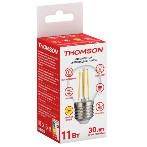 Лампа светодиодная филаментная Thomson E27 11W 2700K шар прозрачный TH-B2095