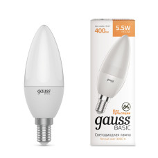 Лампа светодиодная Gauss Basic E14 5,5W 3000K Свеча белая (3 шт.) 1033116K