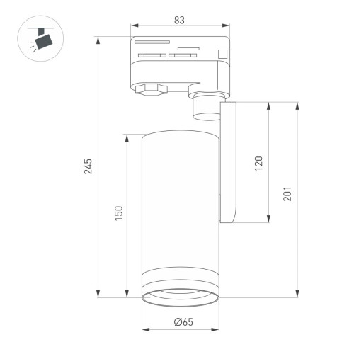 Трековый трехфазный светильник Arlight LGD-URANUS-4TR-R65-10W Warm3500-MIX (BK, 20-50 deg, side holder, 230V) (IP20 Металл) 055806