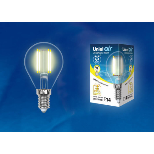Лампа светодиодная филаментная (UL-00003250) Uniel E14 7,5W 3000K прозрачная LED-G45-7,5W/WW/E14/CL GLA01TR
