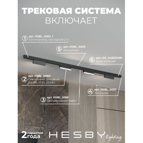 Трековая система со светильниками №4 трехфазная накладная Eldeko (48В, форма - прямая, 2м, 3000K) черная Hesby Lighting HSBL_kompl_E004_NI2B3K