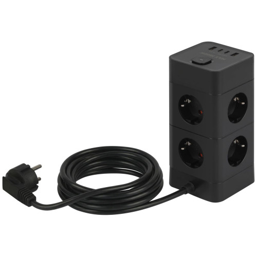 Сетевой фильтр ЭРА TWR-8es-1,5m-4USB-B башня с защитой заземлением с выключателем 8 розеток+4xUSBA+C 1,5м 16А черный Б0069072