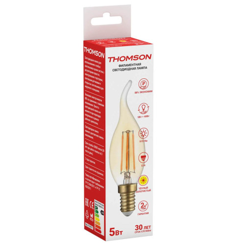 Лампа светодиодная филаментная Thomson E14 5W 2400K свеча не ветру прозрачная TH-B2117