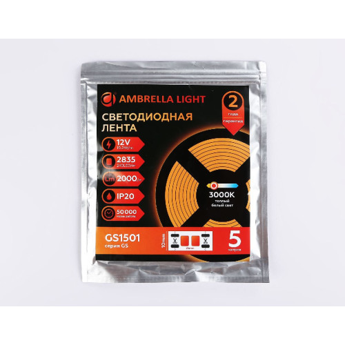 Светодиодная лента Ambrella Light LED Strip 12В 2835 19,2Вт/м 3000K 5м IP20 GS1501