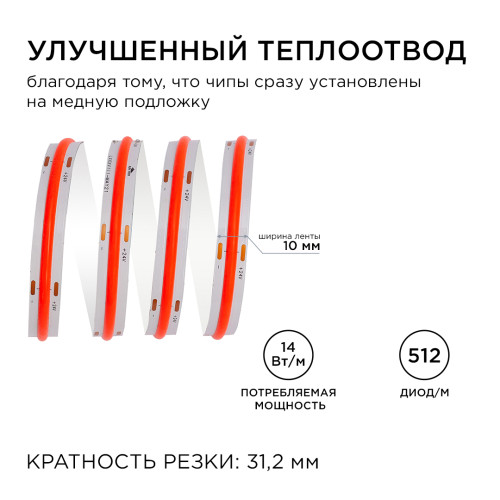 Светодиодная лента Apeyron 5м, 24В, 14Вт/м, COB, 512д/м, IP20 Красный 214ОО
