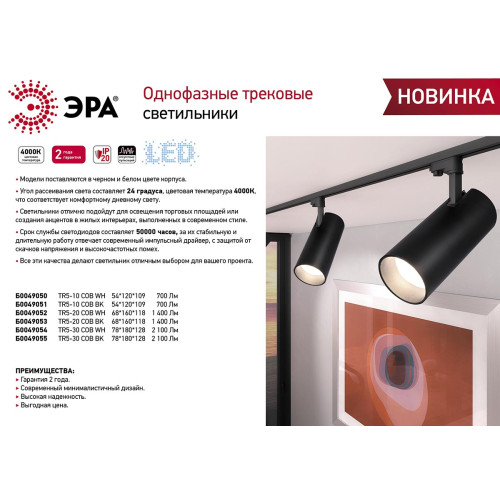 Трековый однофазный светильник ЭРА TR5-10 COB WH Б0049050