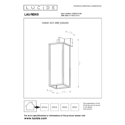 Уличный настенный светильник Lucide Laurens 27806/01/30