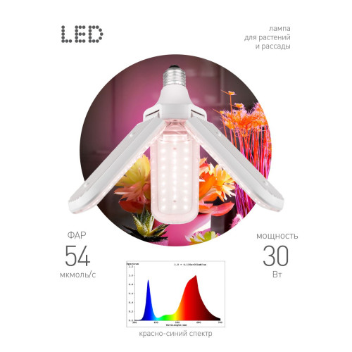 Светодиодная фитолампа для растений Эра ФИТО-30W-PL-E27-GR Б0064542