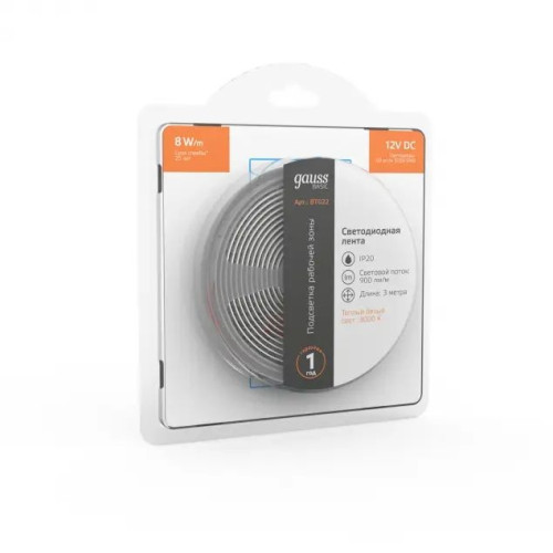Светодиодная лента Gauss Basic 12В 5050 8Вт/м 3000K 3м IP20 BT022
