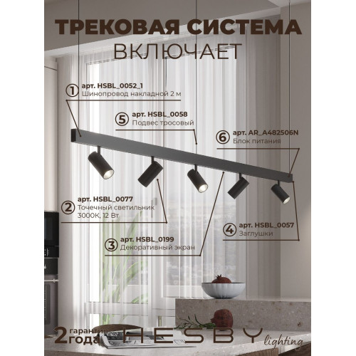 Трековая система со светильниками №3 трехфазная подвесная Eldeko (48В, форма - прямая, 2м, 3000K) черная Hesby Lighting HSBL_kompl_E003_PI2B3K
