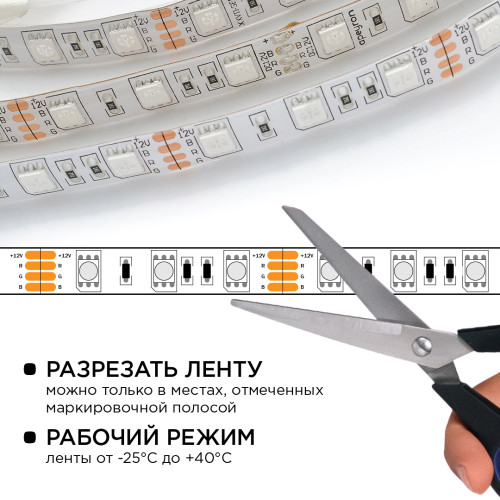 Комплект светодиодной ленты Apeyron 12В 14.4Вт/м smd 5050 60 д/м IP65 5м RGB (блок, коннектор) 10-35