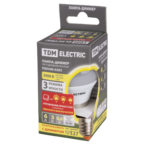 Лампа светодиодная диммируемая TDM Electric E27 6W 3000K прозрачная SQ0340-0203