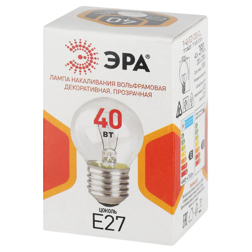 Лампа накаливания Эра P-40-E27-230-CL шар Б0066568