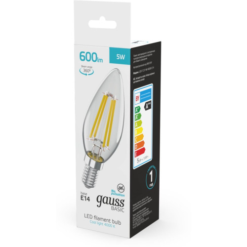 Светодиодная филаментная лампа Gauss Basic Filament E14 5W 4000K свеча 50312252