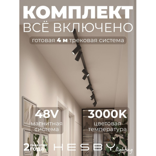 Трековая система со светильниками №3 трехфазная накладная Eldeko (48В, форма - прямая, 4м, 3000K) черная Hesby Lighting HSBL_kompl_E003_NI4B3K