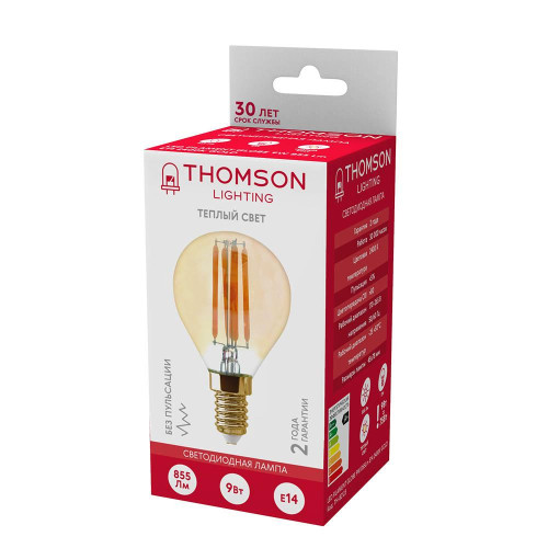 Лампа светодиодная филаментная Thomson E14 9W 2400K шар прозрачный TH-B2123