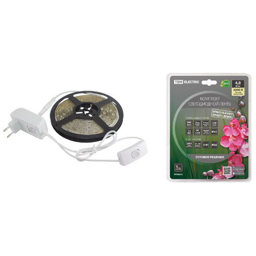 Светодиодная влагозащищенная лента TDM Electric 12В 2835 4,8Вт/м 3000K 5м IP65 SQ0331-0229