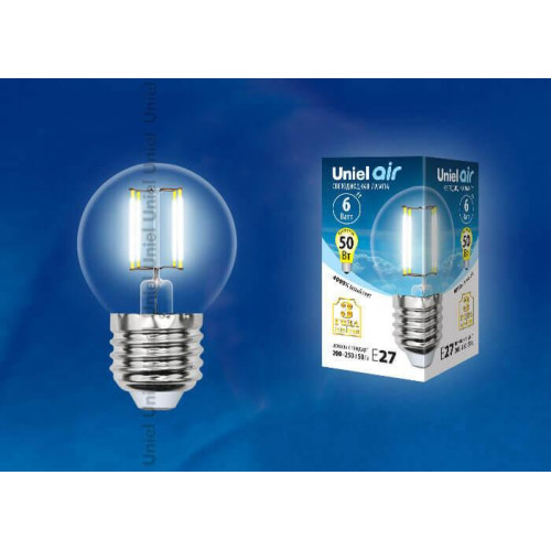 Лампа светодиодная филаментная (UL-00002208) Uniel E27 6W 4000K прозрачная LED-G45-6W/NW/E27/CL GLA01TR