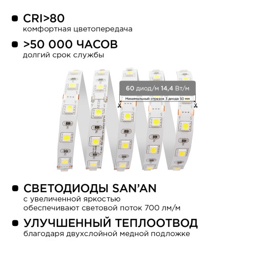 Комплект светодиодной ленты Apeyron 12В 144Вт/м smd 5050 60 д/м IP20 1м 6500К (блок, коннектор) 10-67