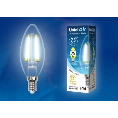 Лампа светодиодная филаментная (UL-00003296) Uniel E14 7,5W 4000K прозрачная LED-CW35-7,5W/NW/E14/CL GLA01TR