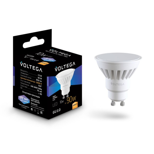 Лампа светодиодная Voltega Ceramics MR16 10W 3000K GU10 7265 Лампа светодиодная Voltega Ceramics MR16 10W 3000K GU10 7265