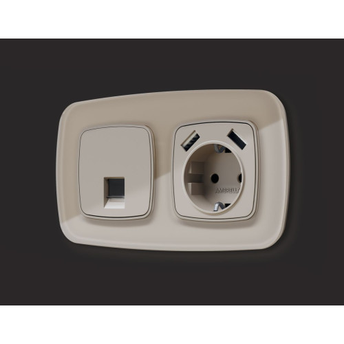 Комплект механизма компьютерной розетки Ambrella Volt RJ-45 (8P8C) CAT6A экранированной с автоматической защитной шторкой OMEGA MO372005 Серо-бежевый матовый QUANT (OP3720, VM185)
