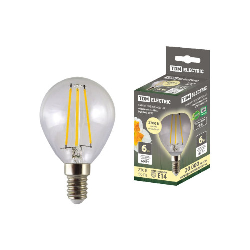 Лампа светодиодная филаментная TDM Electric Е14 6W 2700K прозрачная SQ0340-0277