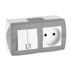 Выключатель двухклавишный + розетка без заземления Mono Electric Octans IP20 10А 250В бело-серый 104-020001-182