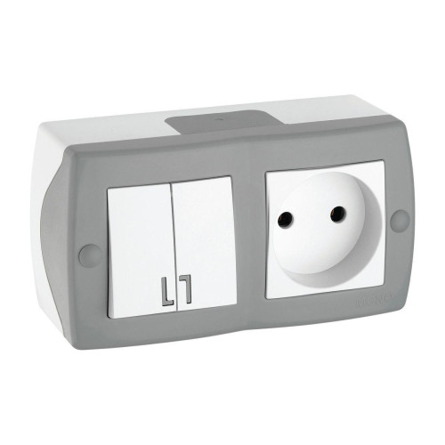 Выключатель двухклавишный + розетка без заземления Mono Electric Octans IP20 10А 250В бело-серый 104-020001-182
