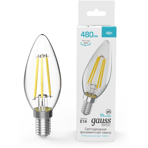 Светодиодная филаментная лампа Gauss Basic Filament E14 4W 4000K свеча 50312242