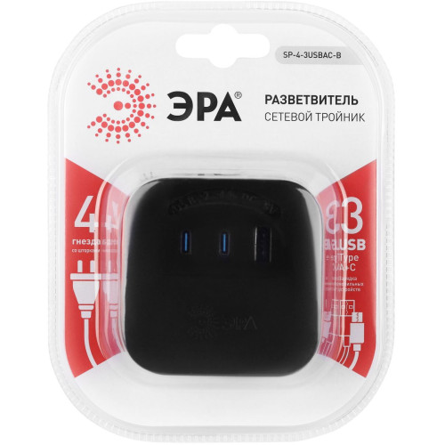Разветвитель электрический ЭРА SP-4-3USBAC-B на 4 розетки + 3 USB A+C со шторками 10А черный Б0069084