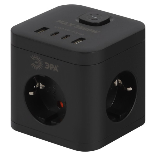 Сетевой фильтр ЭРА CUBE-3es-1,5m-4USB-B куб с заземлением с выключателем 3 розетки+4xUSBA+C 1,5м 16А черный Б0069074