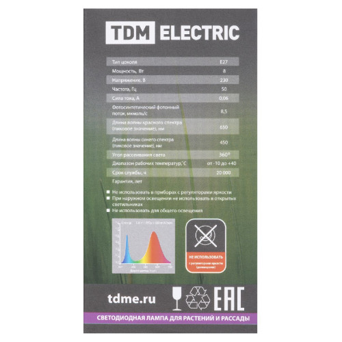 Лампа светодиодная для растений TDM Electric E27 8W прозрачная SQ0340-0237