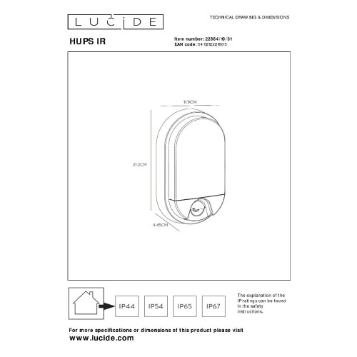 Уличный настенный светильник Lucide Hups ir 22864/10/31