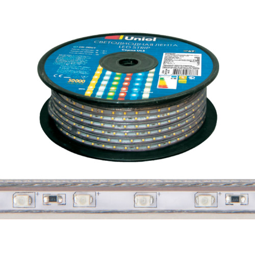 Светодиодная лента Uniel ULS-2835-60LED/m-10mm-IP67-220V-8W/m-50M-BLUE бобина