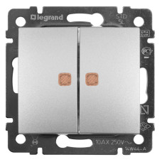 Переключатель двухклавишный Legrand Valena 10A 250V с подсветкой алюминий 770213