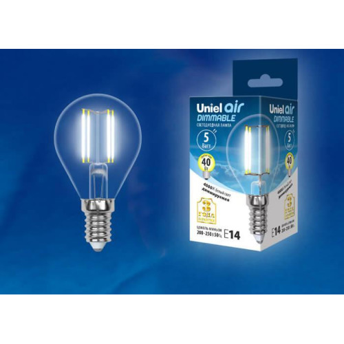 Лампа светодиодная филаментная (UL-00002870) Uniel E14 5W 4000K LED-G45-5W/NW/E14/CL/DIM GLA01TR