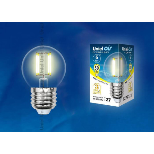 Лампа светодиодная филаментная (UL-00002201) Uniel E14 6W 3000K прозрачная LED-G45-6W/WW/E14/CL GLA01TR