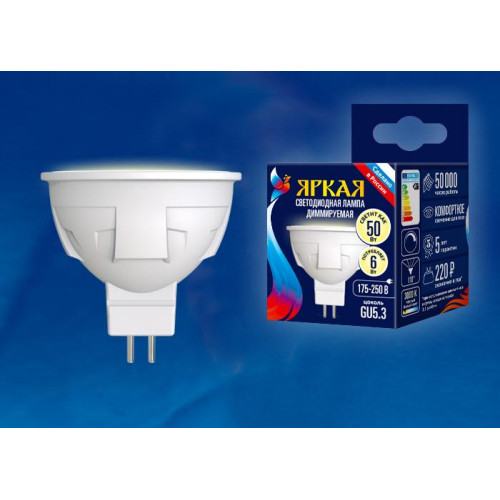 Лампа светодиодная диммируемая (UL-00003990) Uniel GU10 6W 3000K матовая LED-JCDR 6W/WW/GU10/FR/DIM PLP01WH